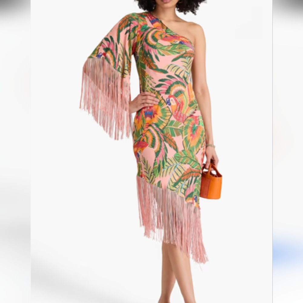 FARM Rio One-Shoulder Tropical Fringe Midi Dress - Green, Pink, Orange, Yellow - Picture 2 of 11